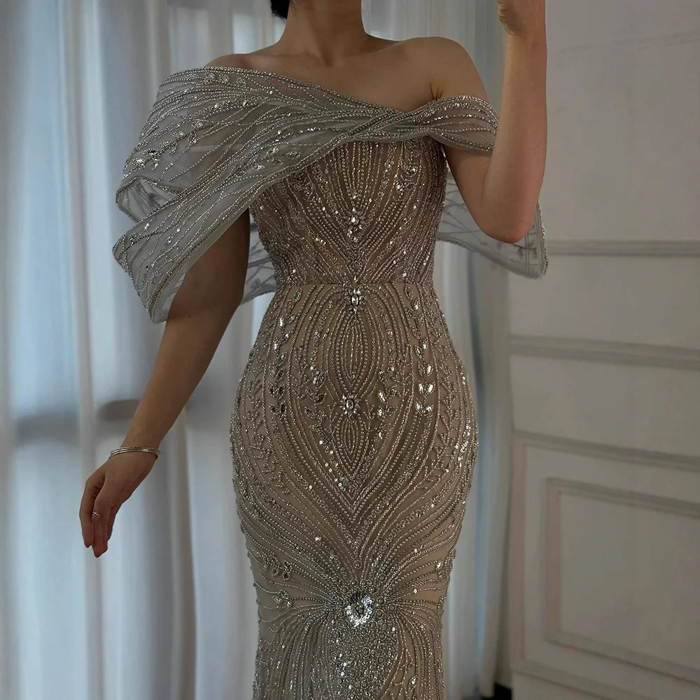 Luxury Silver Nude Off Shoulder Mermaid Evening Dress LA72878 - SERENE HILL