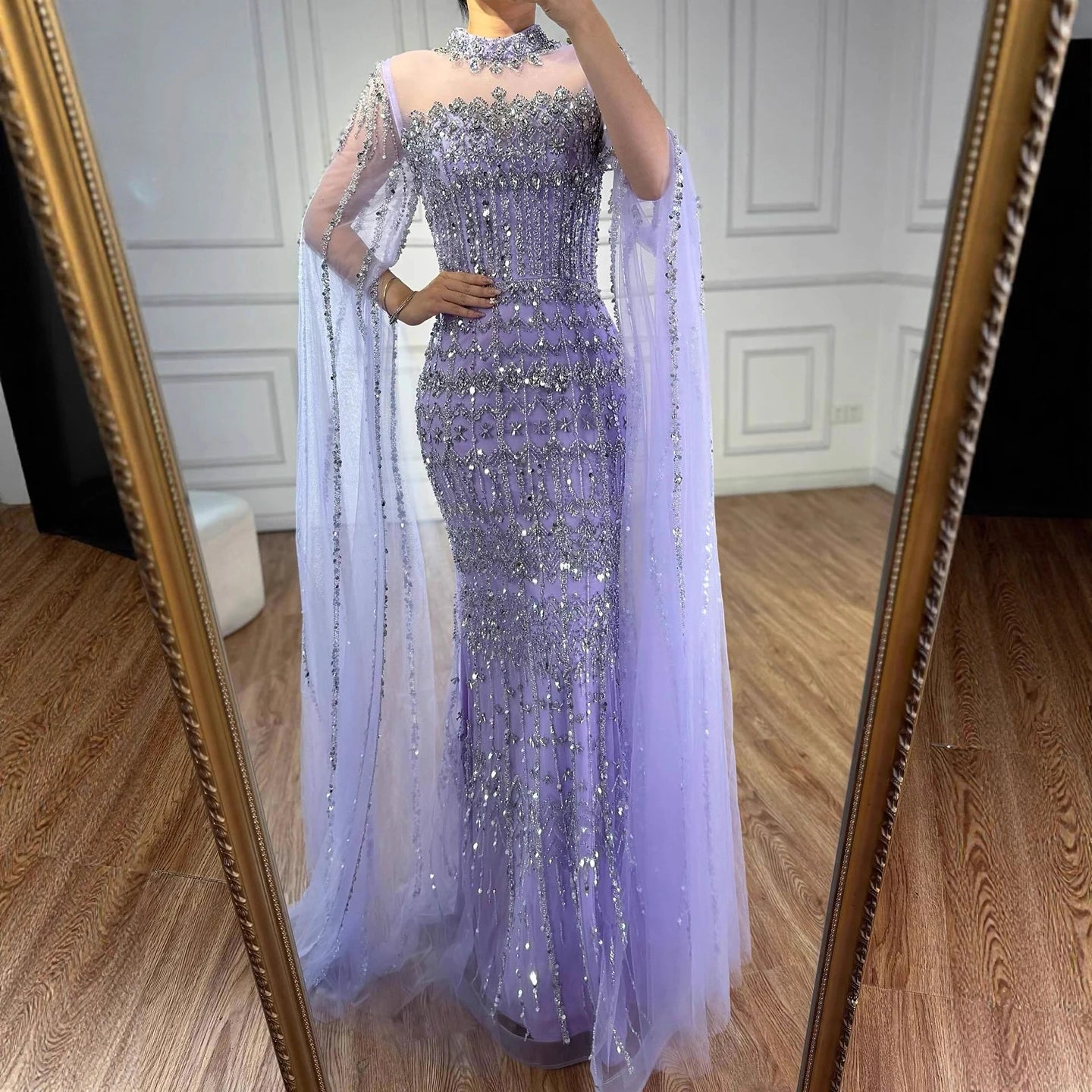 Luxury Nude Beaded Evening Dress with Long Cape Sleeves LA72714A - SERENE HILL