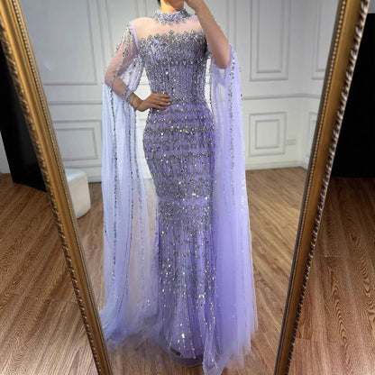 Luxury Nude Beaded Evening Dress with Long Cape Sleeves LA72714A - SERENE HILL