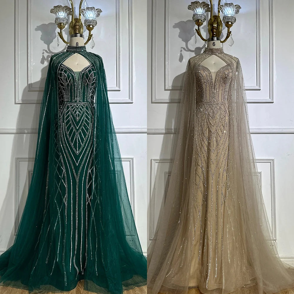 Luxury Dubai Saudi Green Mermaid Arabic Evening Dresses with Beaded Cape Sleeves for Formal Occasion LA72838 - SERENE HILL