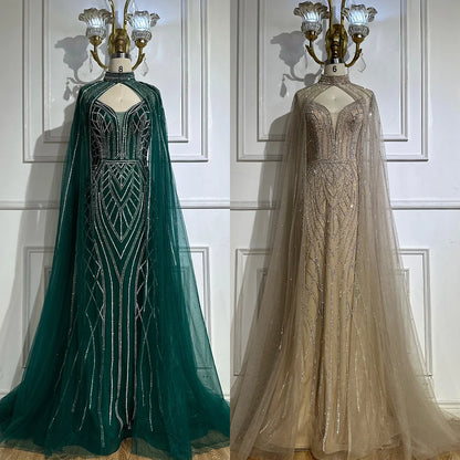 Luxury Dubai Saudi Green Mermaid Arabic Evening Dresses with Beaded Cape Sleeves for Formal Occasion LA72838 - SERENE HILL