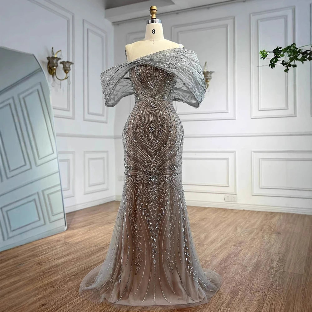 Luxury Silver Nude Off Shoulder Mermaid Evening Dress LA72878 - SERENE HILL