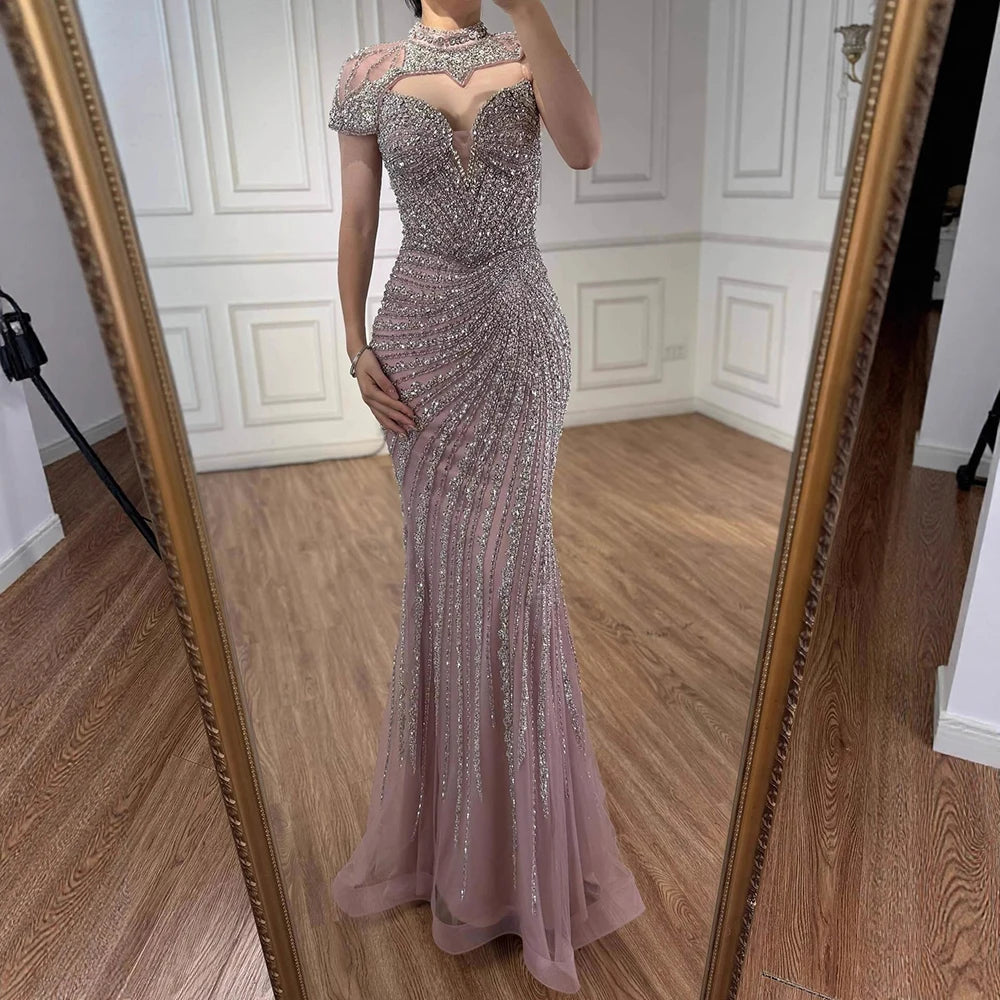 Nude Mermaid Evening Dress with Detachable Beaded High Neck LA73087 - SERENE HILL