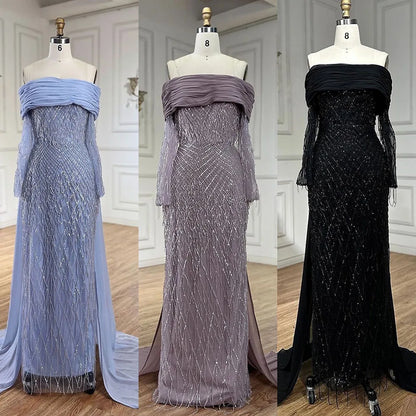 Luxury Tassel Lilac Off Shoulder Evening Dress with Cape LA72374 - SERENE HILL