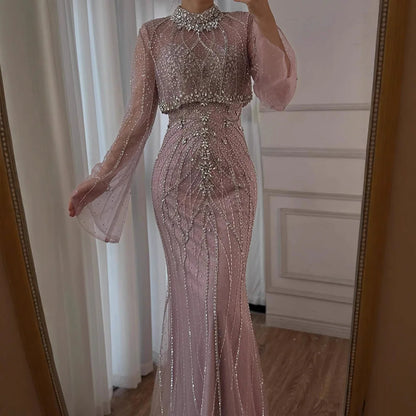 Luxury Turquoise Crystal Beaded Mermaid High Neck Long Sleeve Evening Dress LA73136 - SERENE HILL