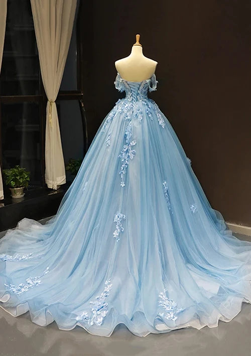 Serene Hill Arabic Blue Ball Gown Off-the-Shoulder Tulle Prom Dress with Appliqués for Women&