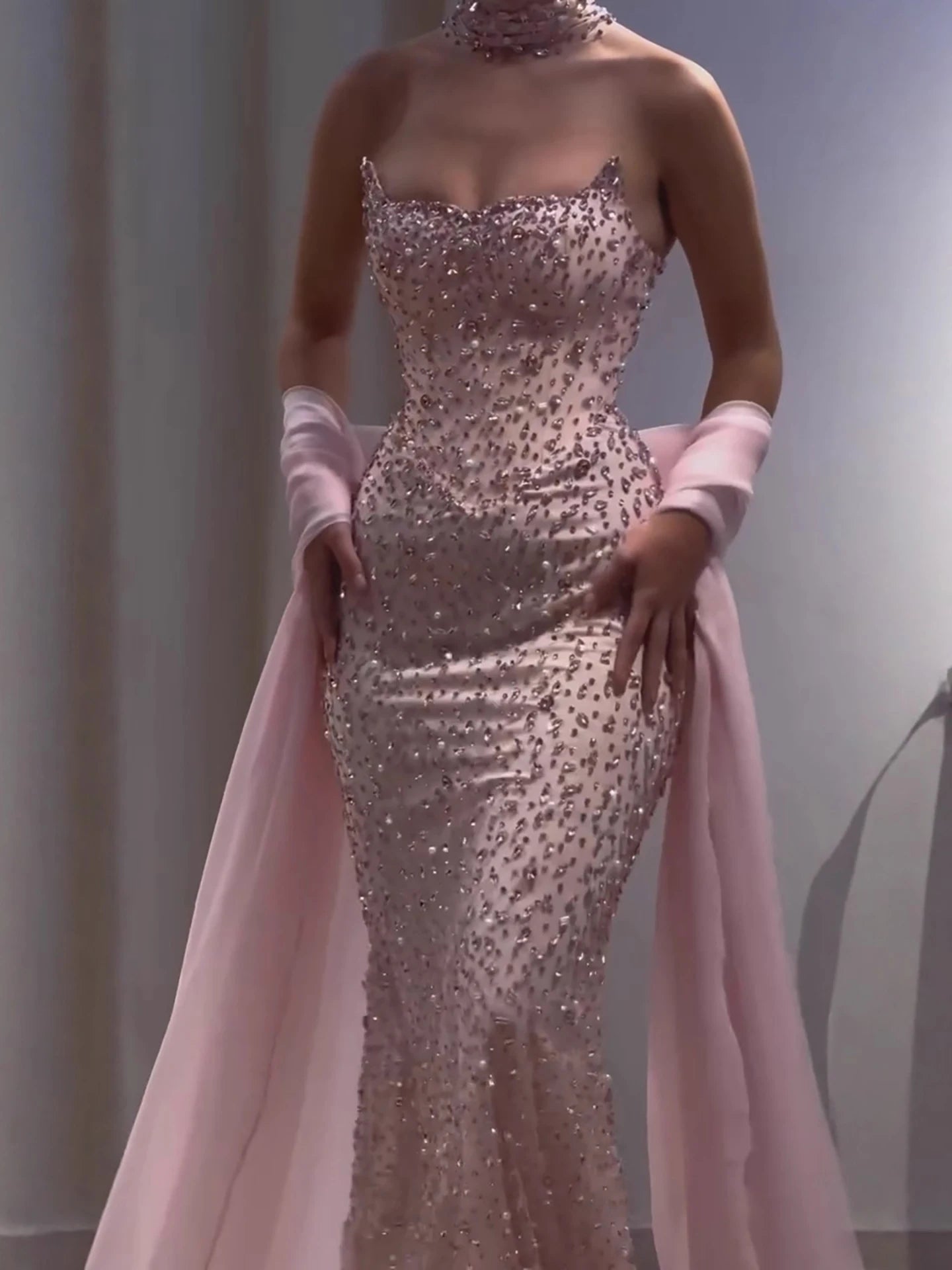 Luxury Pink Diamond Evening Dress with Cape Gown for Wedding Party LA73225 - SERENE HILL