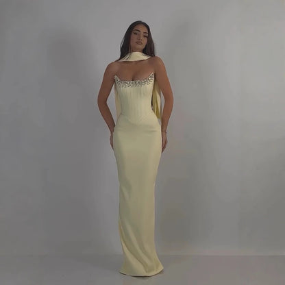 Luxury Yellow Crystal Beaded Mermaid Luxury Evening Dress Elegant LA73175A - SERENE HILL