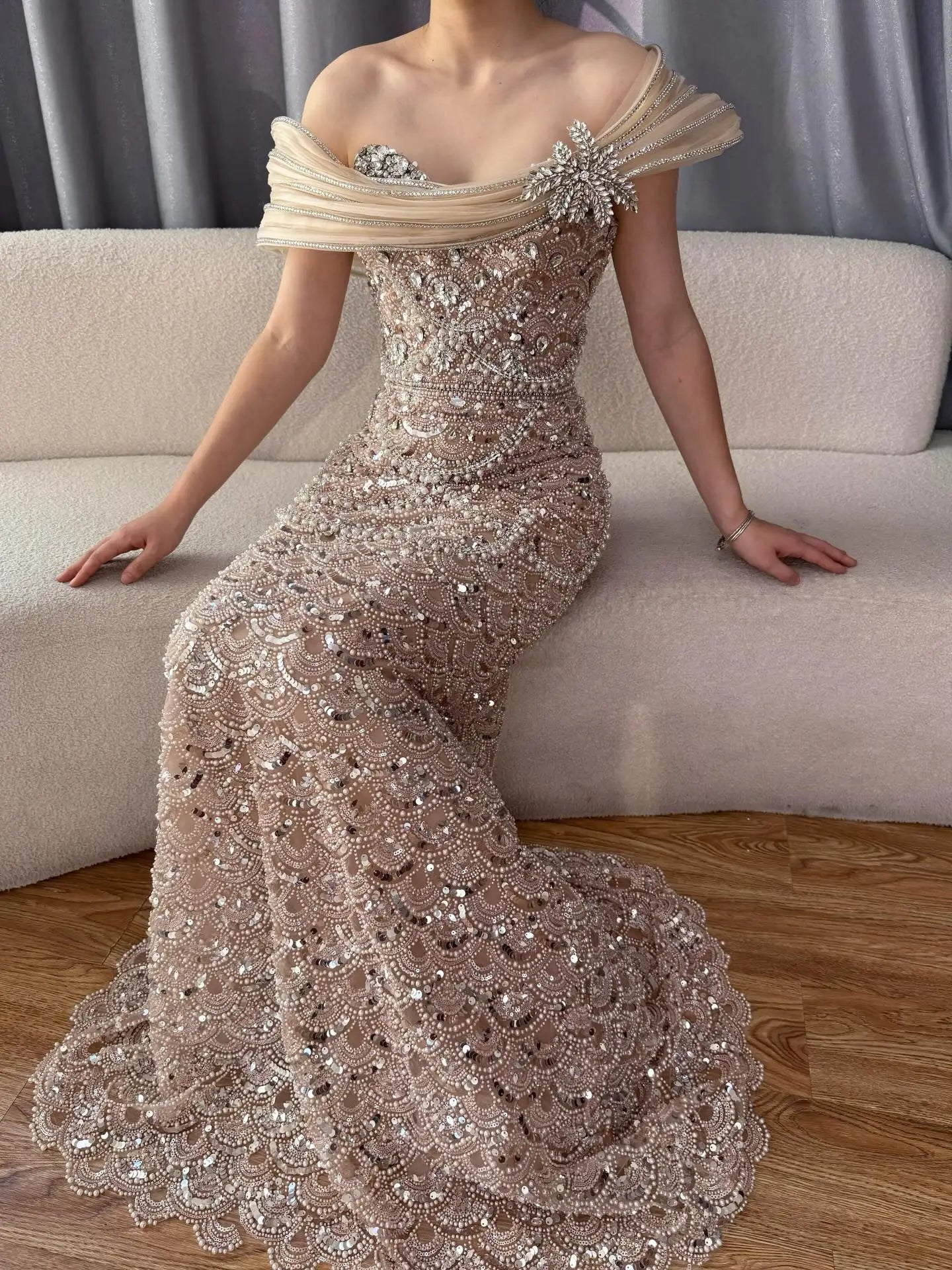 Luxury Nude Beaded Off Shoulder Mermaid Evening Dress LA73365A - SERENE HILL