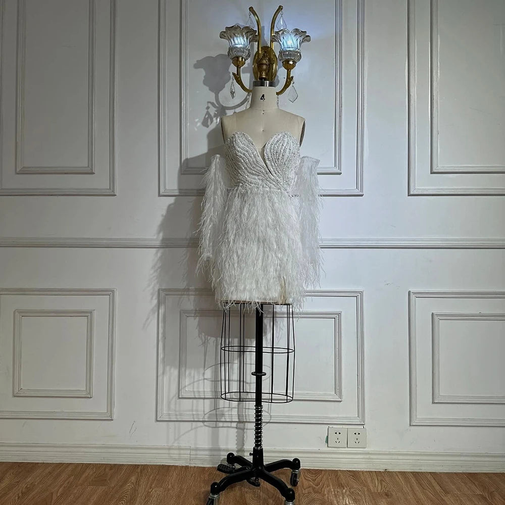 Luxury white short Beaded Mermaid Feather Cocktail Dress LA71770 - SERENE HILL