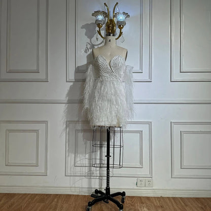 Luxury white short Beaded Mermaid Feather Cocktail Dress LA71770 - SERENE HILL