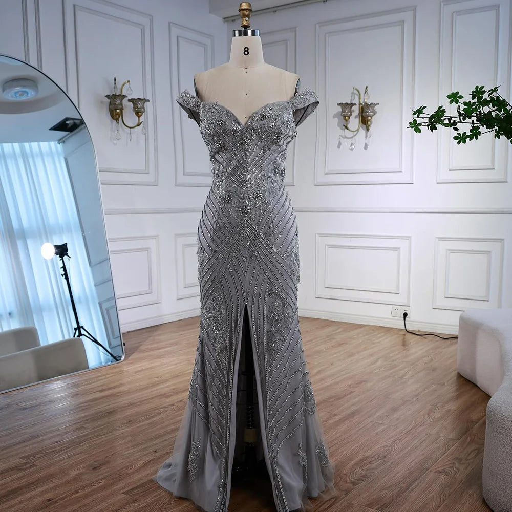 Luxury Silver Gray Off Shoulder Mermaid Evening Dress LA73018 - SERENE HILL