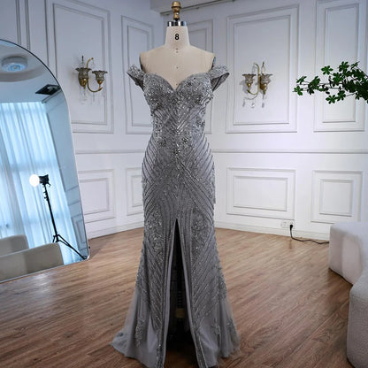 Luxury Silver Gray Off Shoulder Mermaid Evening Dress LA73018 - SERENE HILL