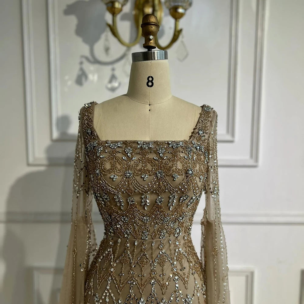 Luxury Modest Caramel Evening Dress with Sleeves Cape LA72966 - SERENE HILL