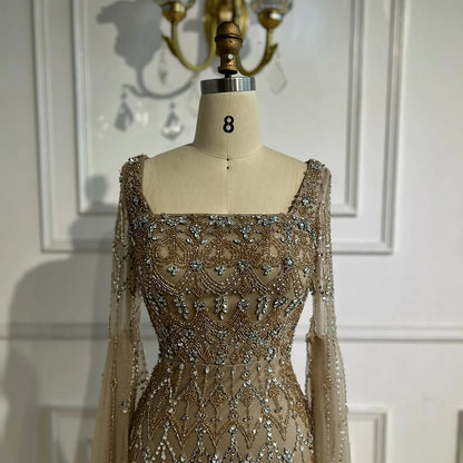 Luxury Modest Caramel Evening Dress with Sleeves Cape LA72966 - SERENE HILL