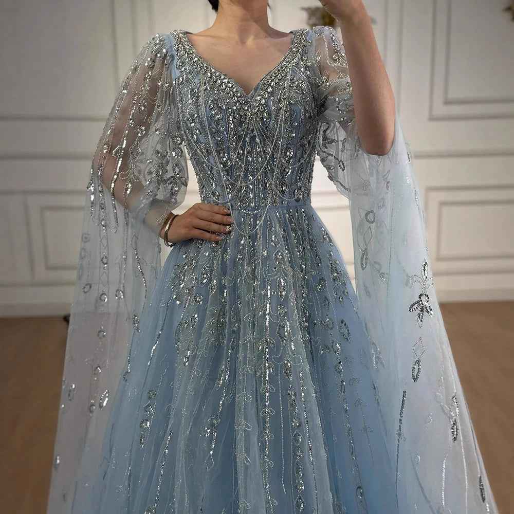 Luxury Nude Beaded Evening Dress with Cape Sleeves for Formal Occasion LA72764A - SERENE HILL