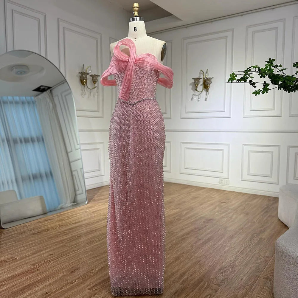 Luxury Pink Off Shoulder Mermaid Evening Dress with Bow LA73058 - SERENE HILL