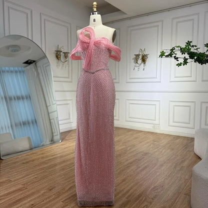 Luxury Pink Off Shoulder Mermaid Evening Dress with Bow LA73058 - SERENE HILL