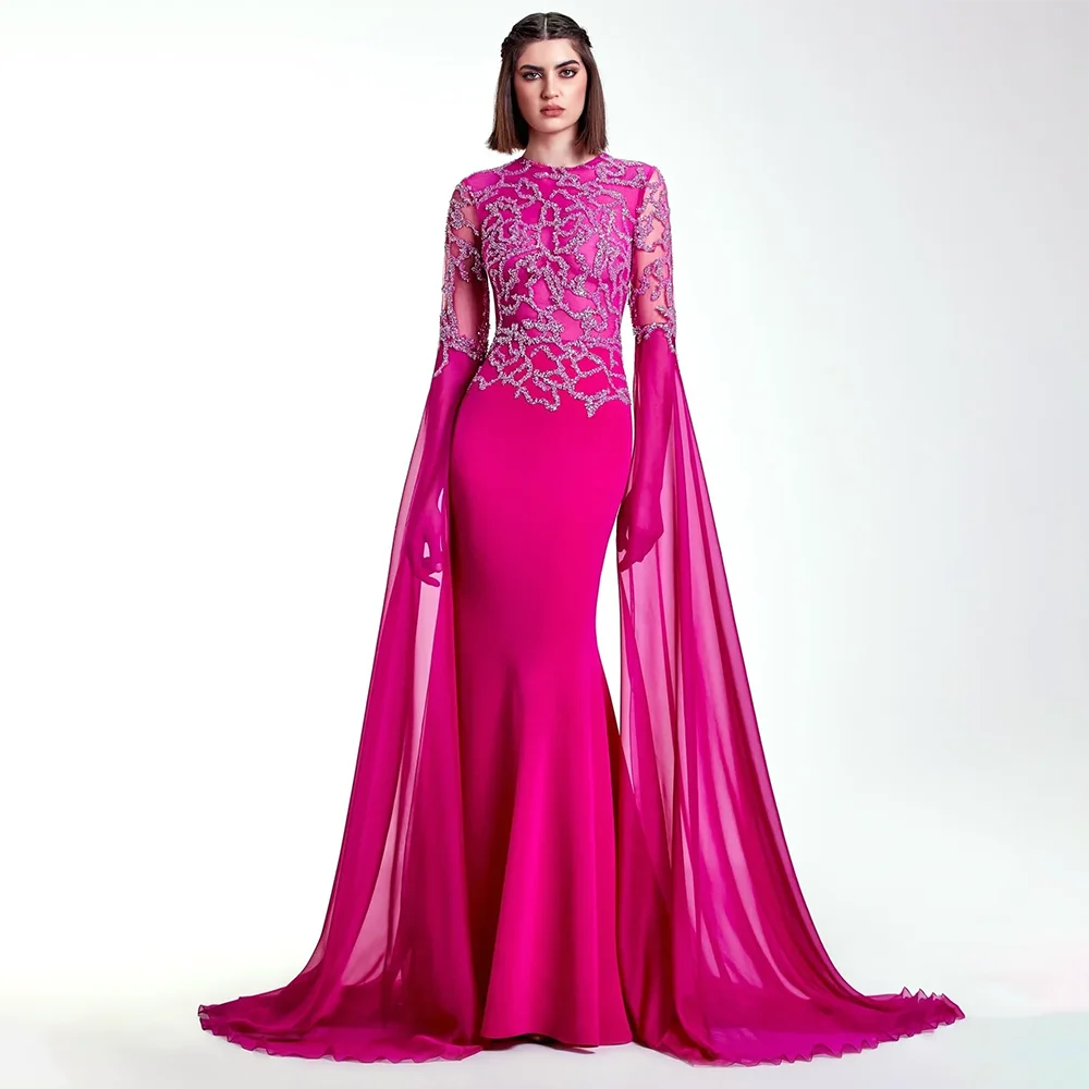 Serene Hill Arabic Fuchsia Mermaid Cape Sleeves Luxury Dubai Evening Dress Beaded With Gloves for Women&