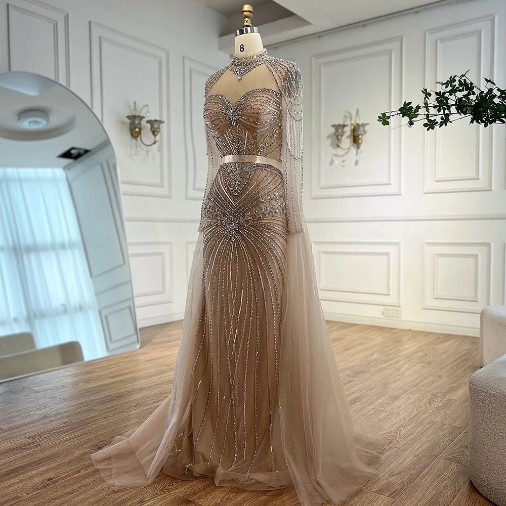 Luxury Nude Modest Beaded Evening Dress Long Sleeves With Overskirt LA72990 - SERENE HILL