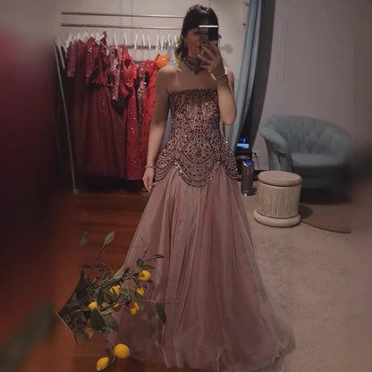 Luxury Wine Red Arabic Beaded A-Line Evening Dress LA73377 - SERENE HILL