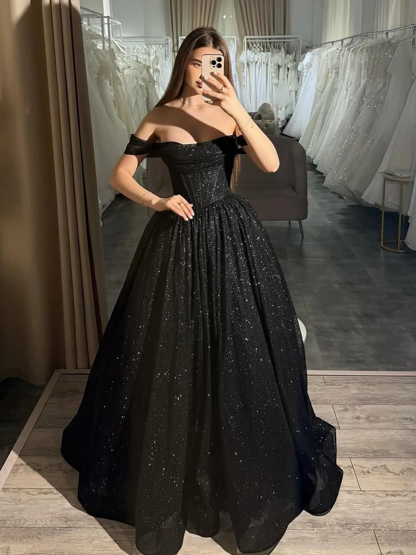 Luxury Pink Sequin Off Shoulder Evening Dress Ball Gown LA73456 - SERENE HILL