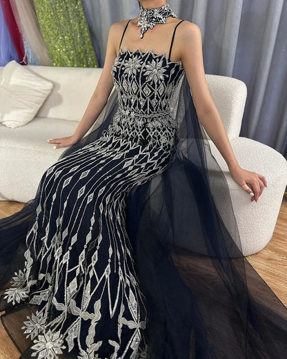 Luxury Nude Beaded Mermaid Evening Dress with Cape LA72711 - SERENE HILL