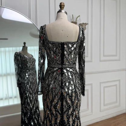 Luxury Black Silver Sequin Long Sleeve Mermaid Evening Dress LA73113 - SERENE HILL