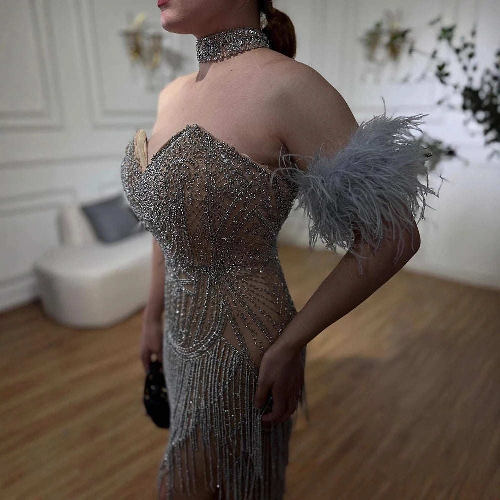 Luxury Silver Nude Mermaid Evening Dress with Beaded Tassel LA72083 - SERENE HILL