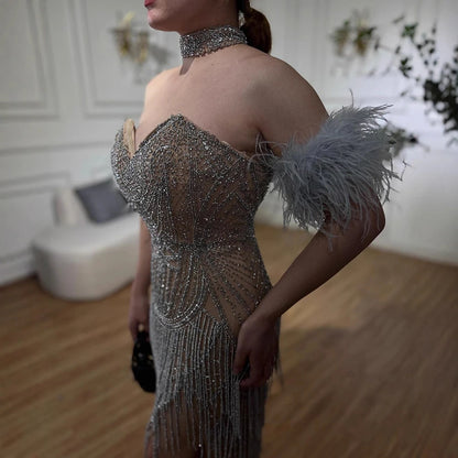 Luxury Silver Nude Mermaid Evening Dress with Beaded Tassel LA72083 - SERENE HILL