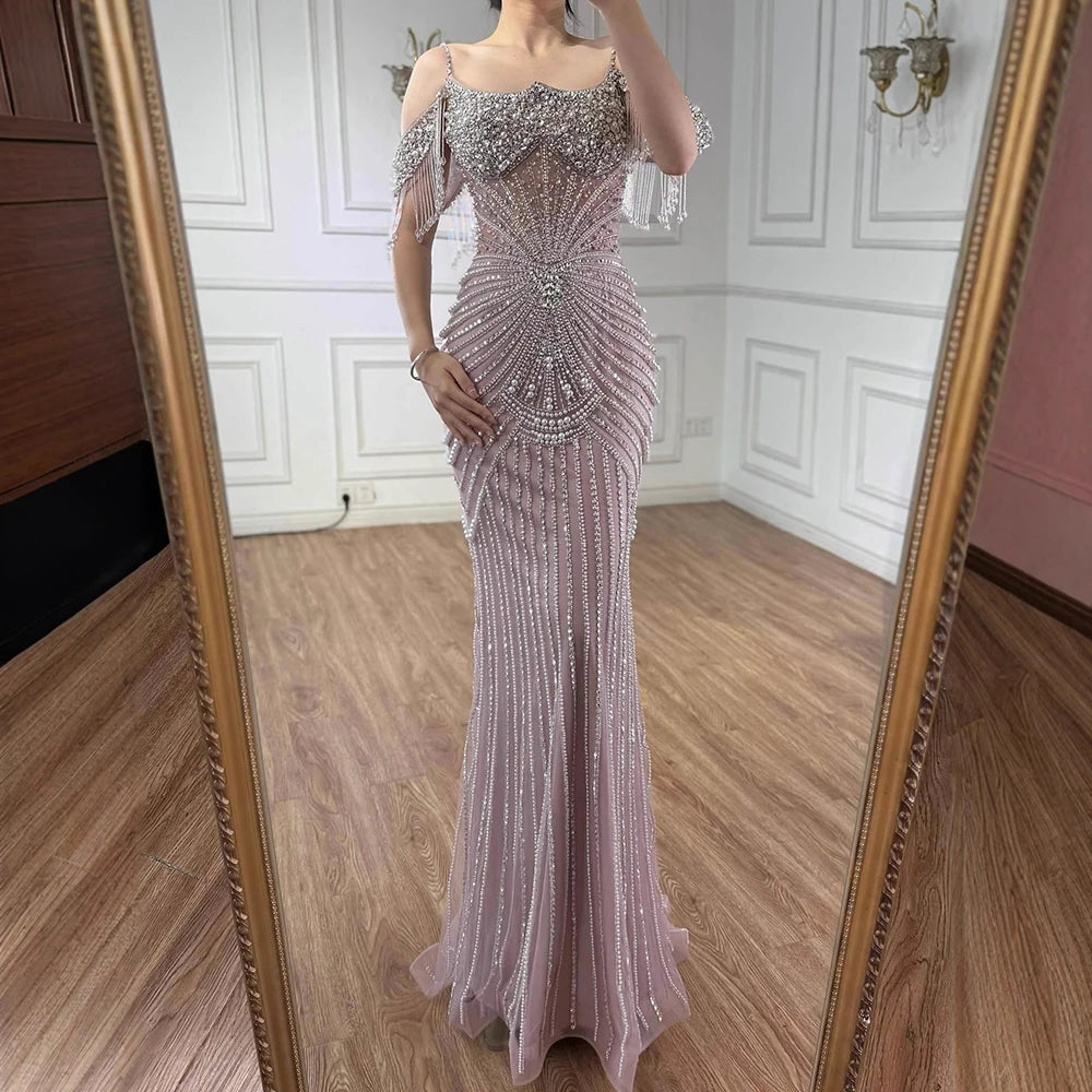 Luxury Sage Green Pearls Beaded Mermaid Evening Dress Off Shoulder LA73148 - SERENE HILL