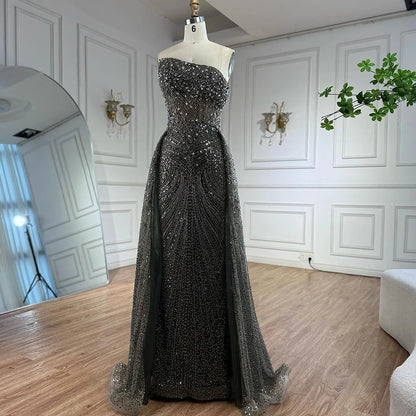 Luxury Olive Green Beaded Mermaid Evening Dress with Overskirt LA73164 - SERENE HILL