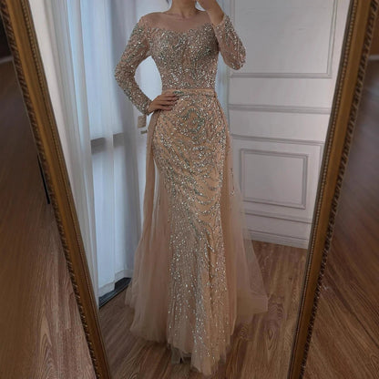 Muslim Nude Mermaid Evening Dress with Overskirt Split Beaded LA71995 - SERENE HILL