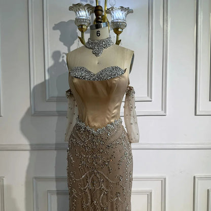 Luxury Deigner Caramel Beaded Evening Dress with Gloves Serene Hill LA72929A - SERENE HILL