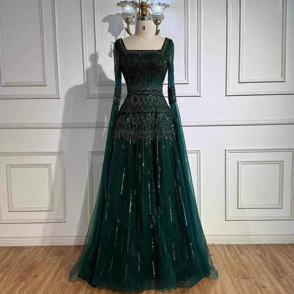 Luxury Green A-LineBeaded Evening Dress with Cape Sleeves LA73089 - SERENE HILL
