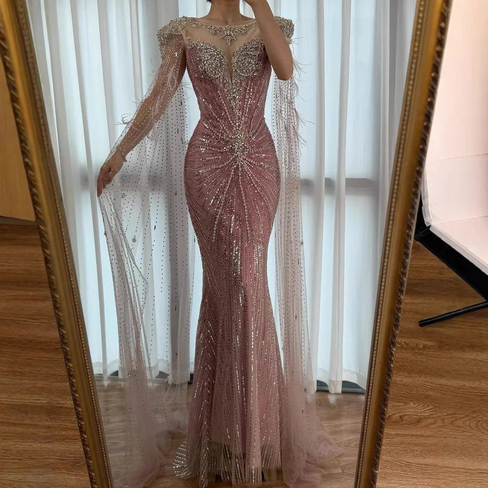 Luxury Pink Beaded Mermaid Evening Dress with Cape LA73106 - SERENE HILL