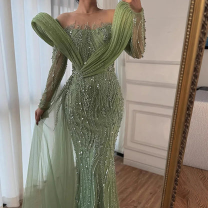 Elegant Sage Green Beaded Evening Dress with Flowing Hem LA72928 - SERENE HILL