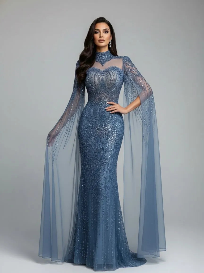 Luxury Modest Blue Mermaid Evening Dress with Cape LA73006 - SERENE HILL