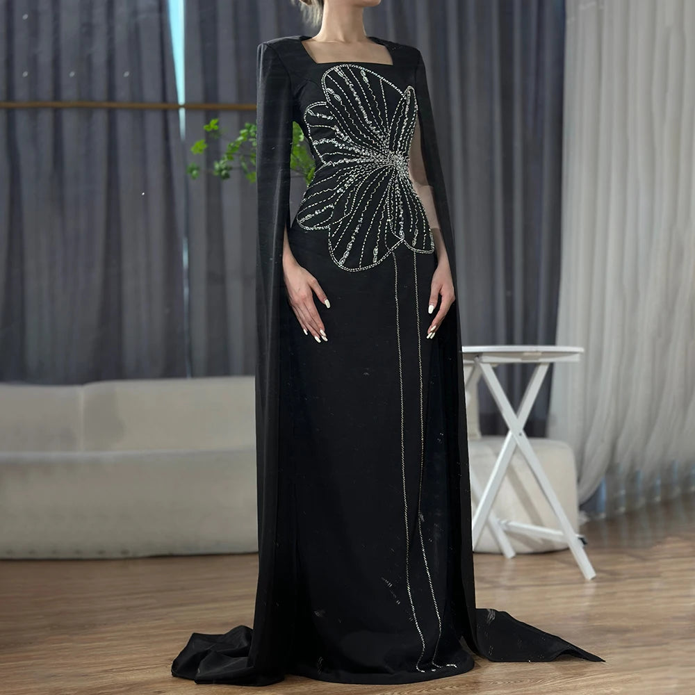 Elegant Black Luxury Beaded Arabic Evening Dress with Cape Sleeves LA72461 - SERENE HILL