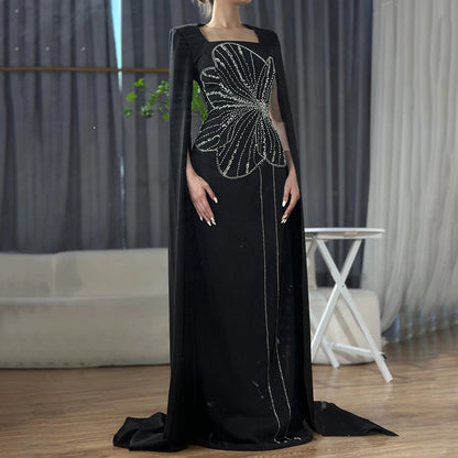 Elegant Black Luxury Beaded Arabic Evening Dress with Cape Sleeves LA72461 - SERENE HILL