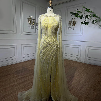 Luxury Crystal Yellow Evening Dress with Cape Sleeves LA72085 - SERENE HILL