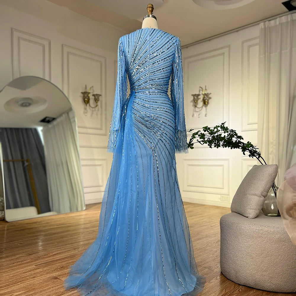 Luxury Dubai Arabic Elegant Blue Beaded Saudi Evening Dresses Gowns for Formal Occasion LA72822 - SERENE HILL
