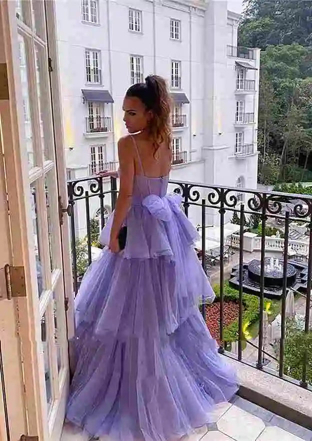 Serene Hill Arabic Lilac A-Line Spaghetti Straps Long Tulle Prom Dress with Ruffles for Women&