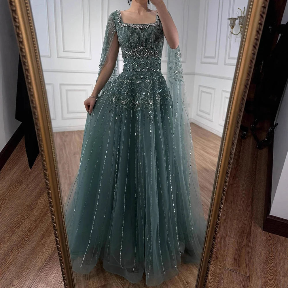 Luxury Caramel A-Line Beaded Evening Dress with Cape Sleeves LA73089A - SERENE HILL