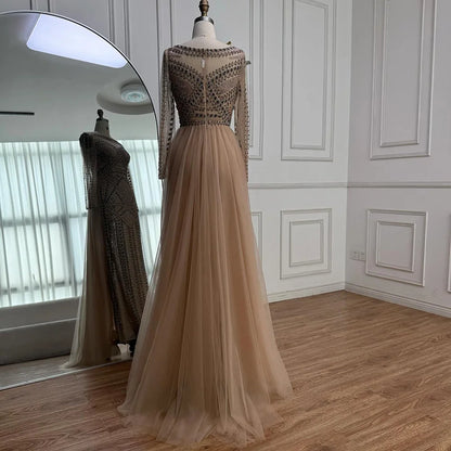 Luxury Dubai Nude Evening Dress With Long Sleeves LA72967 - SERENE HILL