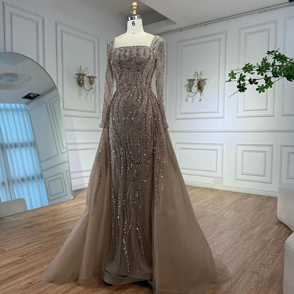 Luxury Modest Caramel Beaded Mermaid Evening Dress with Overskirt LA72710A - SERENE HILL