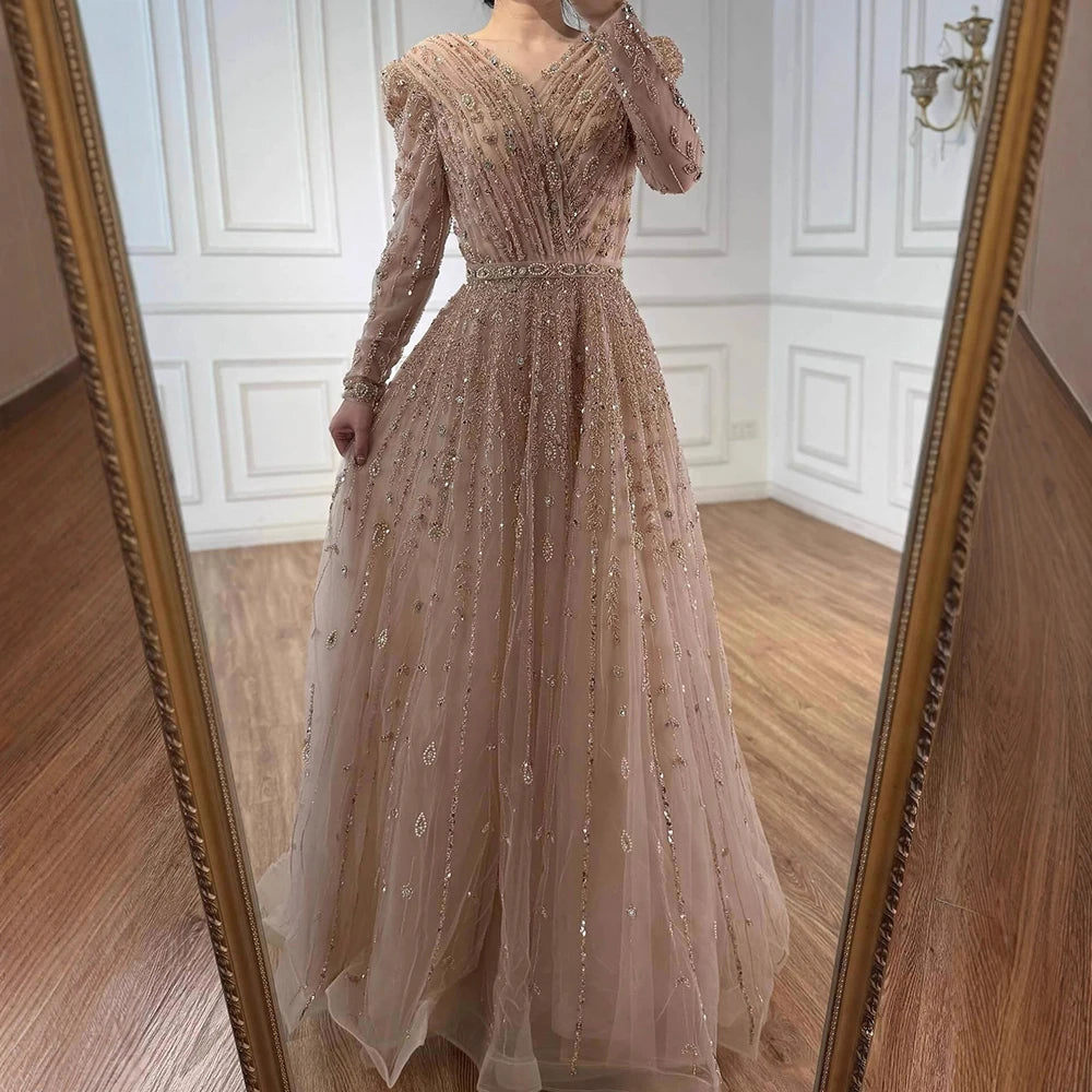 Luxury Nude A Line Beaded Evening Dress for Formal Occasion LA71803D - SERENE HILL