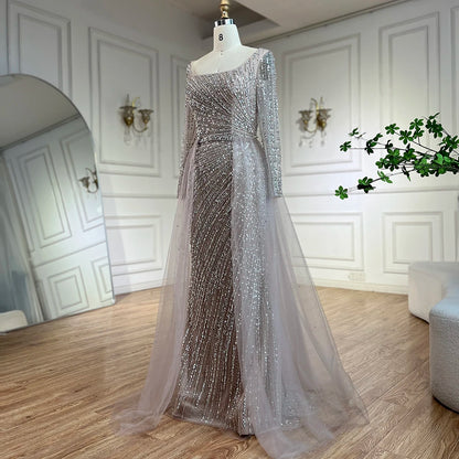 Luxury Gray Beaded Mermaid Evening Dress with Detachable Skirt LA71618L - SERENE HILL