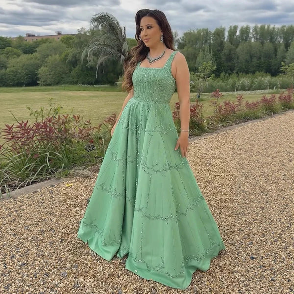 Elegant Sage Green Beaded A-Line Evening Dress LA73064