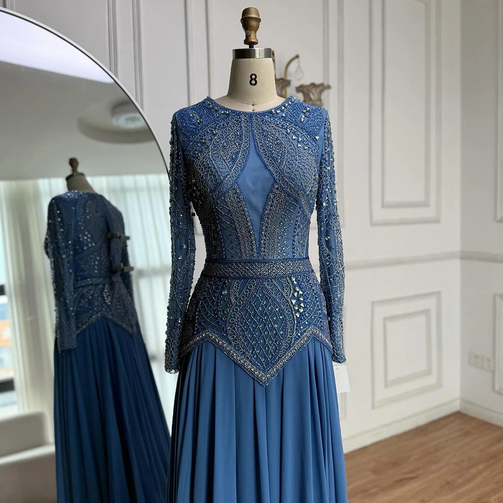 Luxury Designer Blue Beaded Evening Dress with Long Sleeves LA72962 - SERENE HILL